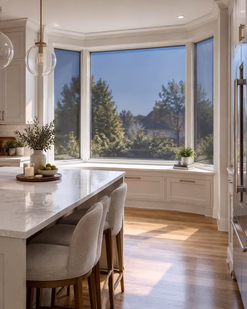 Kitchen bay window with solar window film