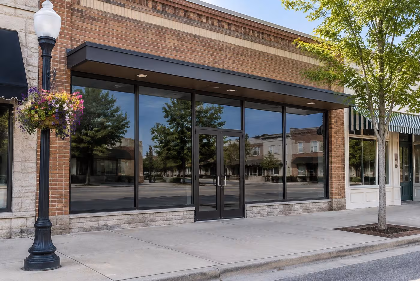 Main street storefront with tinted glass
